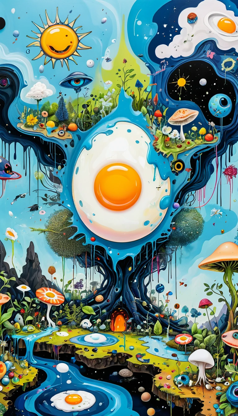 Children's graffiti:Strong visual fusion of multiple elements,Broto,microorganism、Plantar、poached egg,Fried Egg、Eye、Wildlife life,Sewing Abstract Painting,Describing the inner world of autistic people,Sense of space,Blank space,interesting,Innocence,Psychedelic Art,blue、and black,