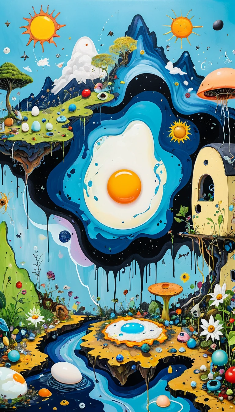 Children's graffiti:Strong visual fusion of multiple elements,Broto,microorganism、Plantar、poached egg,Fried Egg、Eye、Wildlife life,Sewing Abstract Painting,Describing the inner world of autistic people,Sense of space,Blank space,interesting,Innocence,Psychedelic Art,blue、and black,