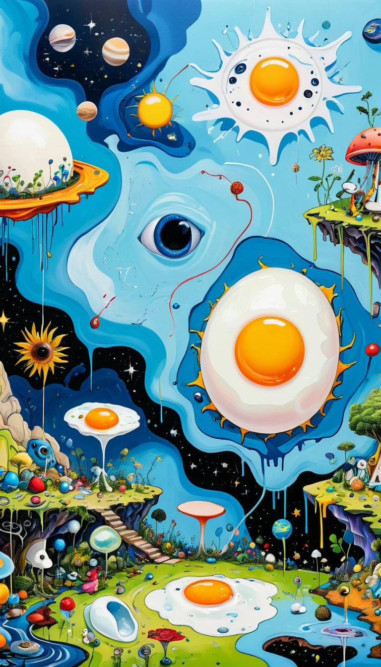 Children's graffiti:Strong visual fusion of multiple elements,Broto,microorganism、Plantar、poached egg,Fried Egg、Eye、Wildlife life,Sewing Abstract Painting,Describing the inner world of autistic people,Sense of space,Blank space,interesting,Innocence,Psychedelic Art,blue、and black,