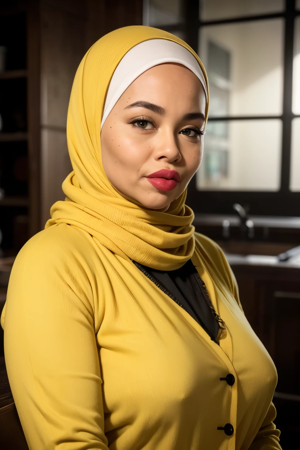 (((Thick lips:1.6))), Big asshole, ((Red Lips)), Coats Medium body portrait, ((yellow Hijab Stylish)), HALIMAH'S MOTHER IS 85 YEARS OLD HER BODY IS VERY FAT & NUDE AT A DARK NIGHT PLACE, Ultra High Res. realistic: 1.4, UHD, lace , very flat chest, half body portrait , skinny my body, view from side seductive pose , (old lady:1.3), poking nipples