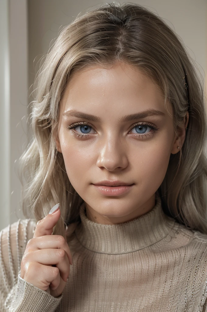 beautiful bfunette platinum hair russian wearing light beige sweater (taking care of nails in a modern beauty salon), very detailed, 18 years old, innocent face, natural wavy hair, blue eyes, high resolution, masterpiece, best quality, intricate details, highly detailed, sharp focus, detailed skin, realistic skin texture, texture, detailed eyes, professional, 4k, charming smile, shot on Canon, 85mm, shallow depth of field, kodak vision color, perfect fit body, extremely detailed, foto_\(ultra\), photorealistic, realistic, post-processing, maximum detail, roughness, real life, ultra realistic, photorealism, photography, 8k uhd, photography