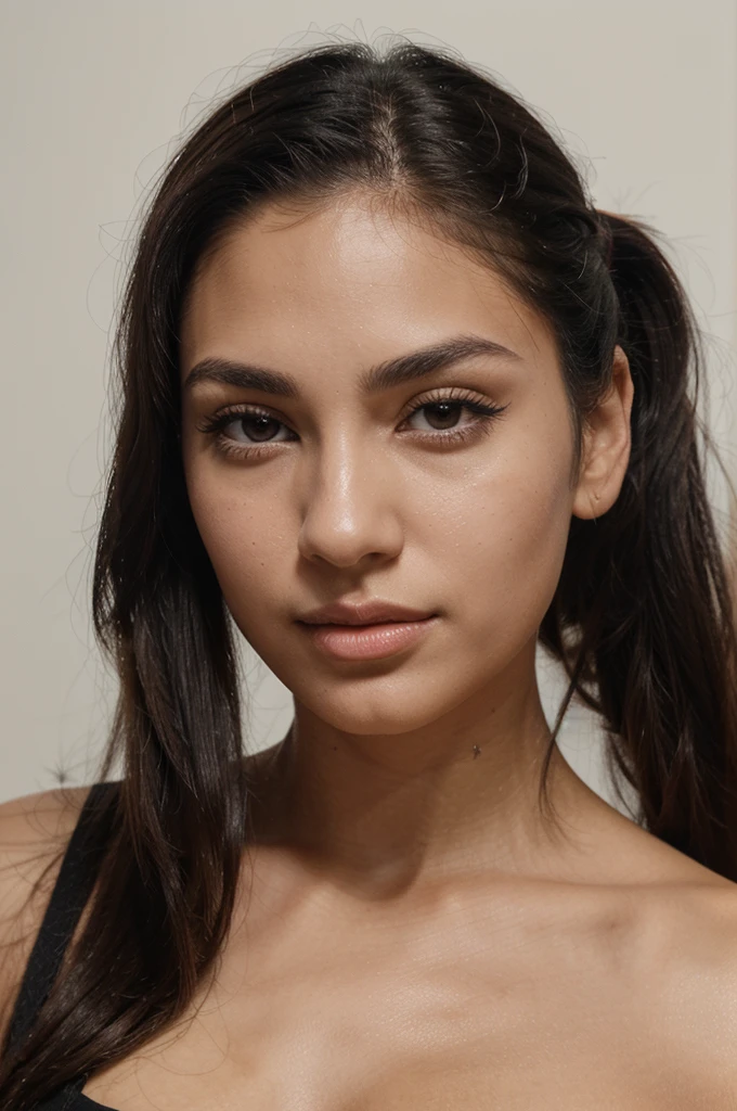 a magnificent young woman in her twenties, with Latino features. She has long, straight black hair tied entirely in a ponytail. Her face has soft and balanced contours. She has large, well-defined dark brown eyes with long, thick eyelashes and well-arched black eyebrows. His nose is straight and slightly refined, proportionate to his face. Her lips are full and defined, with a natural color, and they are closed, contributing to her neutral expression. Her skin is matte, smooth and without visible imperfections. She is wearing a black t-shirt. She is facing the camera. The portrait was taken in a photo studio, the background is entirely white
