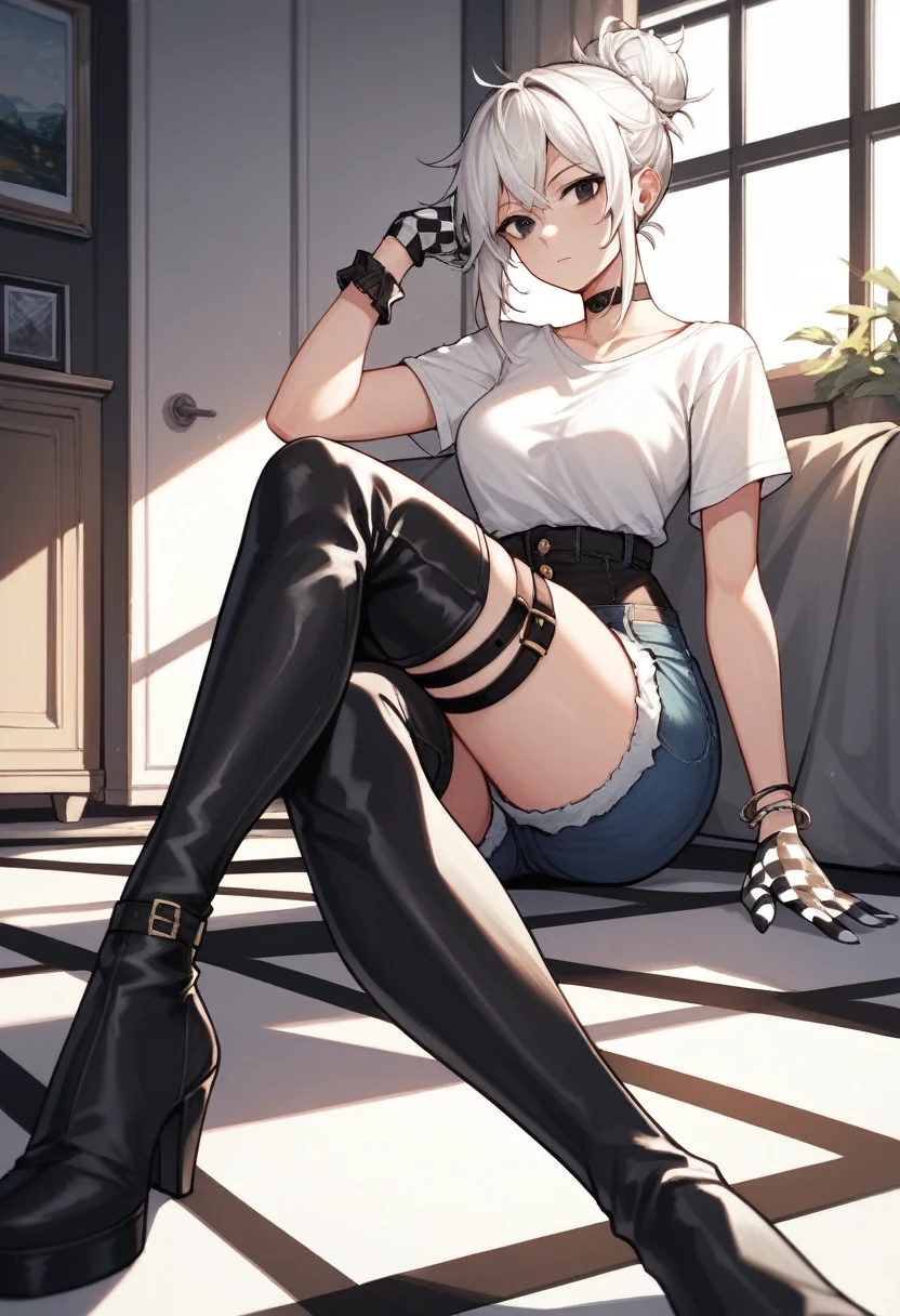 score_9, score_8_up, score_7_up, score_6_up, score_5_up, score_4_up, source_anime, 1woman, white hair, hair bun, black eyes, crossed legs, messy hair, white shirt, jeans shorts, leather bracelet, checkered gloves, thigh high boots, evening, hip strap, watch windows, sitting floor, pictures, rooms, best quality, best res, 4K UHD,
 