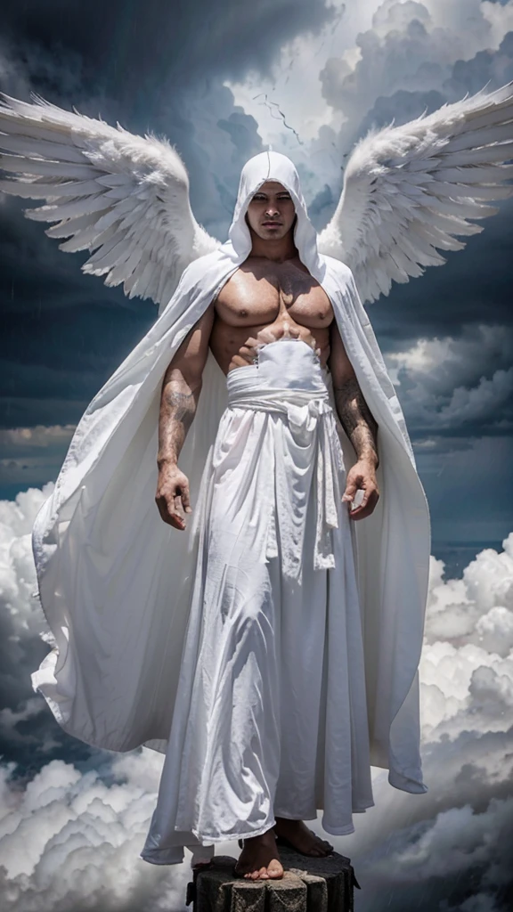 A maskulin man, wear white long cloak, covering his head, flying above the cloud. He has very massive wings. Storm and rainy background. Godlike form.