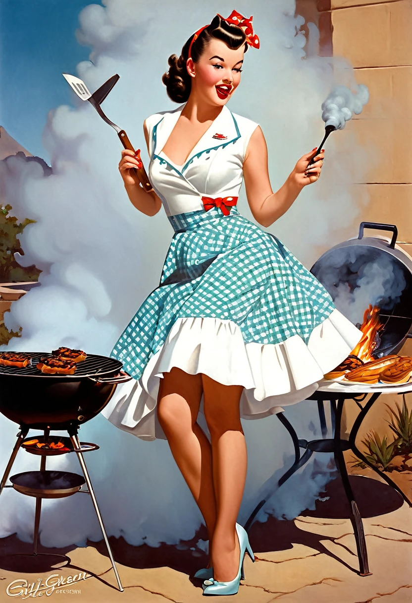 Picture of a woman, grilling food, covering herself from smoke with the hem of her dress, gil elvgren style, gil elvgren, by gil elvgren, pinup art, artgerm and gil elvgren, pinup girl, pinup, pin - up, pinup, pinup, high resolution::: gil elvgren, pinup girl, pinup, pinup, pinup poster girl