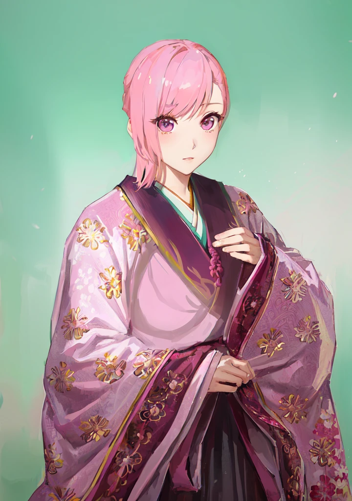 Pink Hair、Anime girl in purple dress，, Sakura Haruno, ((Wearing noble robes)), Goto Indian Summer, Sakura Haruno, Produced in collaboration with Anime Painter Studio, Inspired by Nishikawa Sukenobu, Glorious Makami, inspired by Eizan Kikukawa, Wearing Kimono, Yaoi Haruma, Wearing Kimono，big ，huge ，sex body，Three Kingdoms，Dynasty Warriors，Chinese style，Hanfu，Huge Breasts，Pink Eyes，Pink Hair，A bit sinister look，Cunning girl