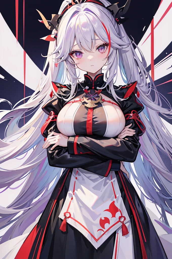 Prinz Eugen、Yae Miko、
(Right eye is yellow、Purple left eye)、
Highest quality、Highly refined、Super detailed、Sparkling Eyes、
Ultra-high resolution、Ultra HD、masterpiece、Detailed hands、
One woman、Only one person、solo、
(uniform)、Slit leather long skirt、
Long coat、Sleeves of priestess clothes、
Leather clothing、
Ahoge、messy hair、Super long hair、
ponytail、
Saggy breasts、Long Breasts、Huge Tits、
Cross your arms、