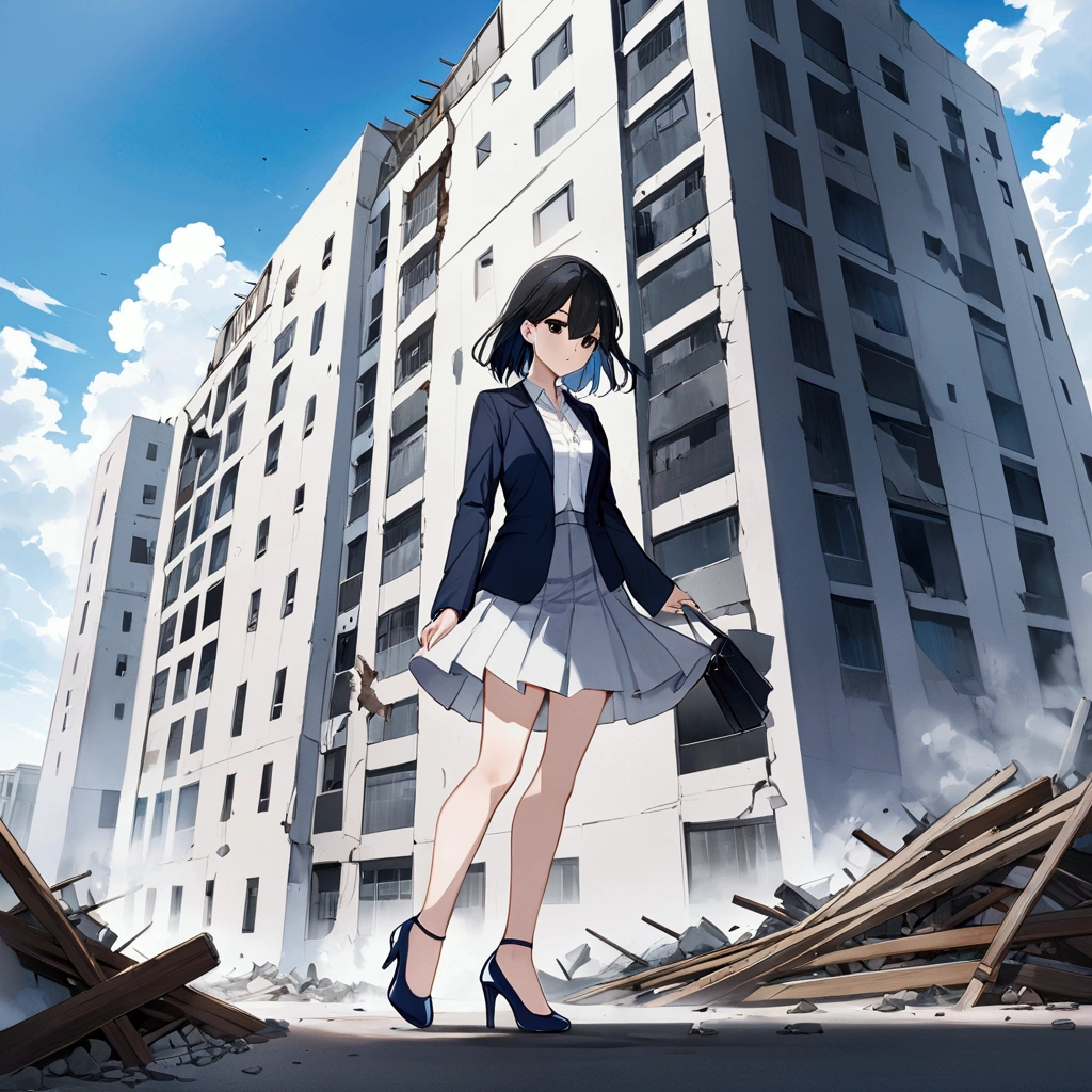 cute woman, bigger than a building,destroy the building , No expression,7:3 parting, semi-long, black hair, black eyes, Navy blazer, white shirt, Navy Tight Skirt, Black High Heels,blue sky , anime, watarcolor