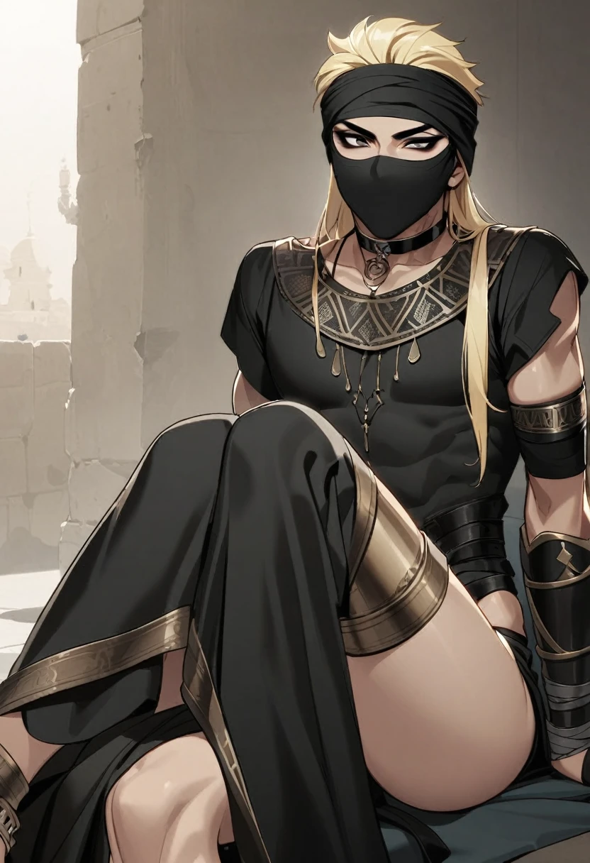 Male arab warrior, medivial, black short balaclava, black bandage, black clothes, thin waist, skinny body, femboy, light skin, makeup, black eyeliner, big eyelashes, black eyeshadow, metal choker, light skin, random blond milf on her knees