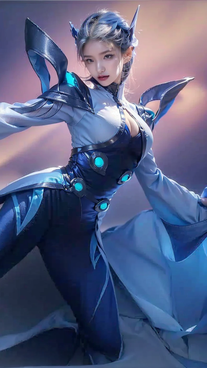 a woman in a blue outfit with a sword and a white top, orianna, seraphine ahri kda, kda, style artgerm, eudora from mobile legend, extremely detailed artgerm, electric effect, ig model