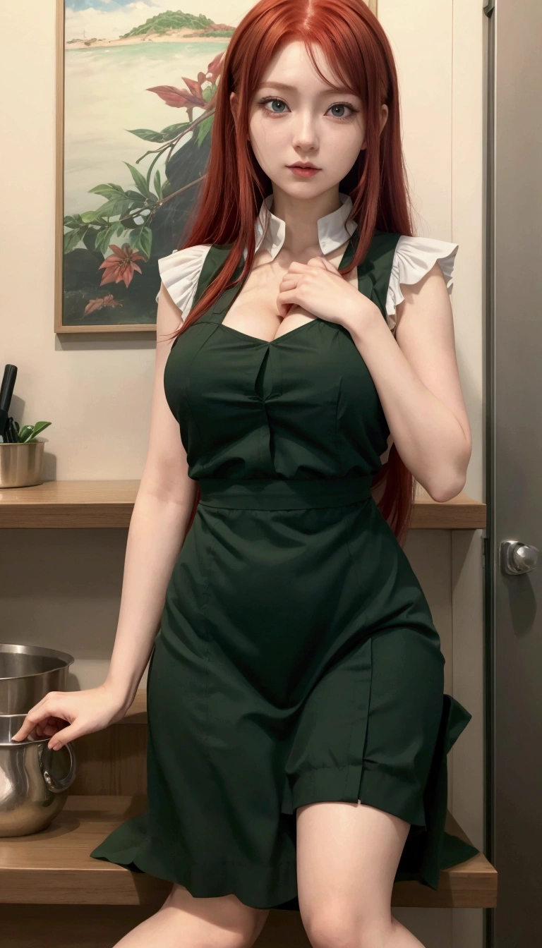 anime girl with red hair and green dress posing in kitchen, anya from spy x family, marin kitagawa fanart, ( waitress ) girl, illustrious makinami, erza scarlet as a real person, misato katsuragi, as an anime character, kurisu makise steins gate anime, (sfw) safe for work, seductive anime girl, maid outfit