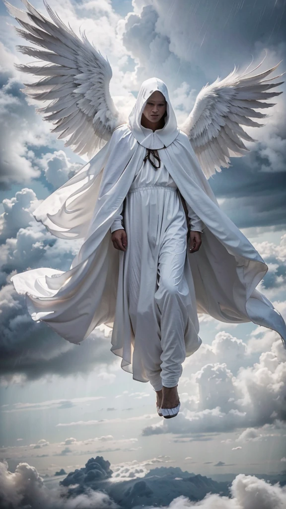 A man, wear white long cloak, covering his head, flying above the cloud. He has very massive wings. Storm and rainy background. Godlike form.