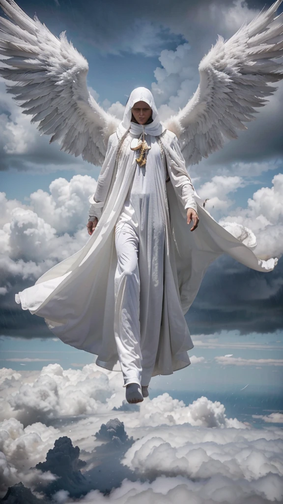 A man, wear white long cloak, covering his head, flying above the cloud. He has very massive wings. Storm and rainy background. Godlike form.