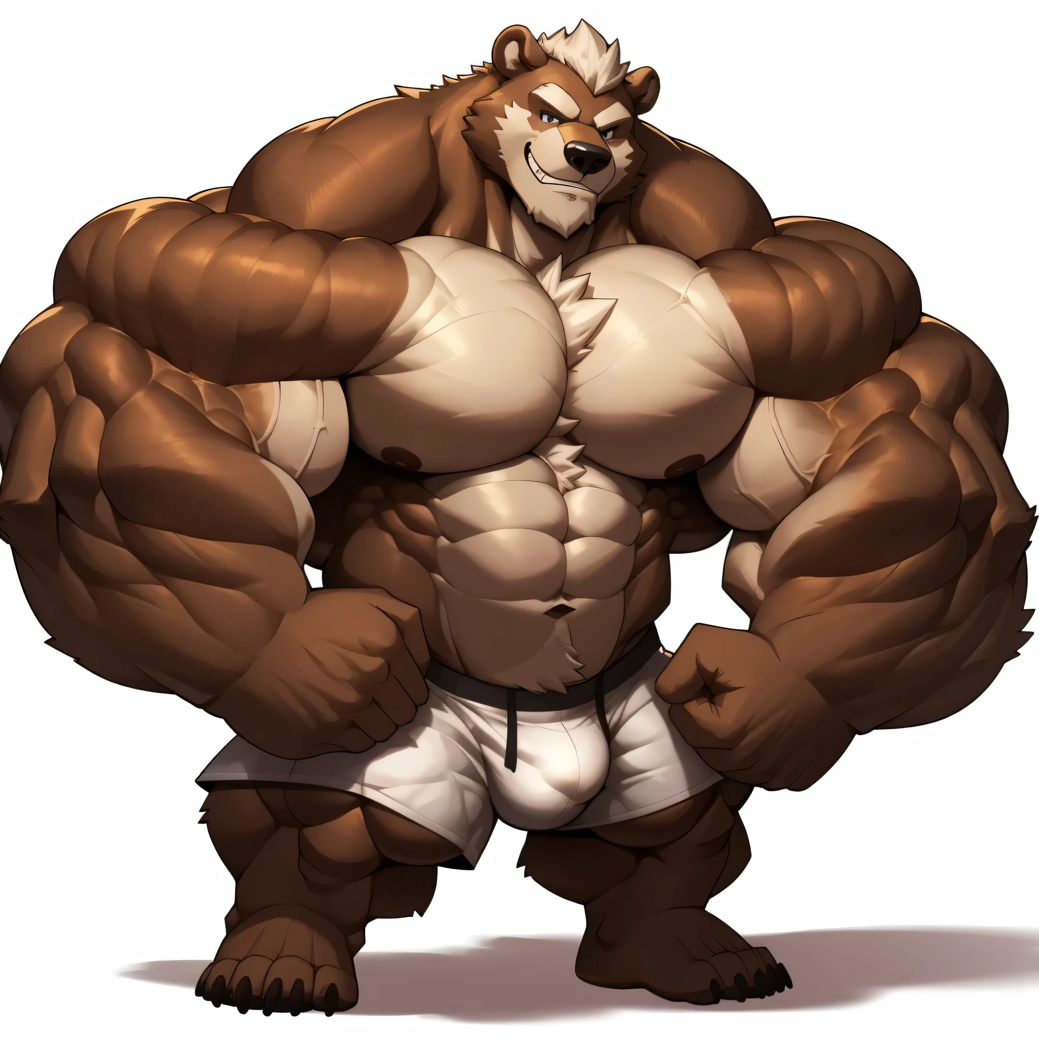 solo, 1boy, perfect anatomy, perfect proportion, grin, big eyes, wide chest, bulky, bulk, bulge, flattery. Huge Muscular Old grizzly bear with short hair standing ,(white shorts), view from side, pectoral, thick arms, huge pectoral, wide pectoral, white hair, white beards, huge brown fur, masterpiece, semirealistic:1.2, high detailed, 8k, high resolution, perfect center, full view. ((really big muscle, massive muscular, sixpack, thick arms, hairy paws, huge brown fur, wide pectoral, super huge muscle, hyper muscular, over sized muscle, huge arms, big arms, huge pectoral)), flexing his huge body