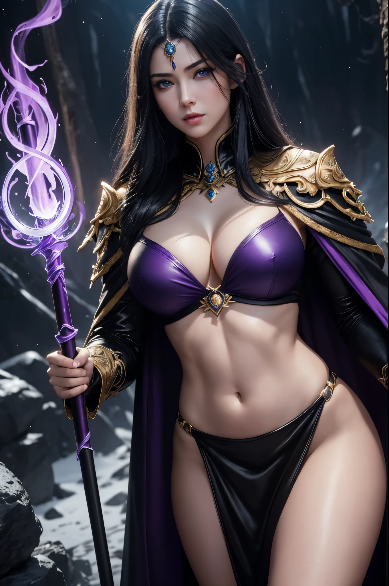 8k,Photorealistic　RAW Photos　Highest quality;1.4) 　(1 adult female)　Super Beauty　(A vivid face),Look at your face　long blue-black hair　The phantom empress with glowing purple eyes　Black and silver aristocratic big breast look　Luxurious black robe,　Golden decoration　Glare　Big black and gold walking stick,　Wearing black leather gloves　Remains　Gwaitz Style　purple rouge　Realistic　Exact details,Beautiful expression　Details of each part　Ultra-high resolution　超Realistic　Charm　Instep　Realistic Skin　Fantasy Queen　An inviting gaze　Emphasize cleavage,,Compensate,masterpiece,Highest qualityのPhotorealisticなRAW Photos。Bright colors,Rich colors, Backlight, Cinema Lighting, Film Grain, 50mm lens, Nikon D850,Detailed character art,Fantasy art,Ultra-high resolution,Ultra-Realistic Skin,Perfect hand shape,Muscular Beauty,Dynamic fighting pose,In the mountains,Devil's Makeup,A big magic circle behind(Purple effect),