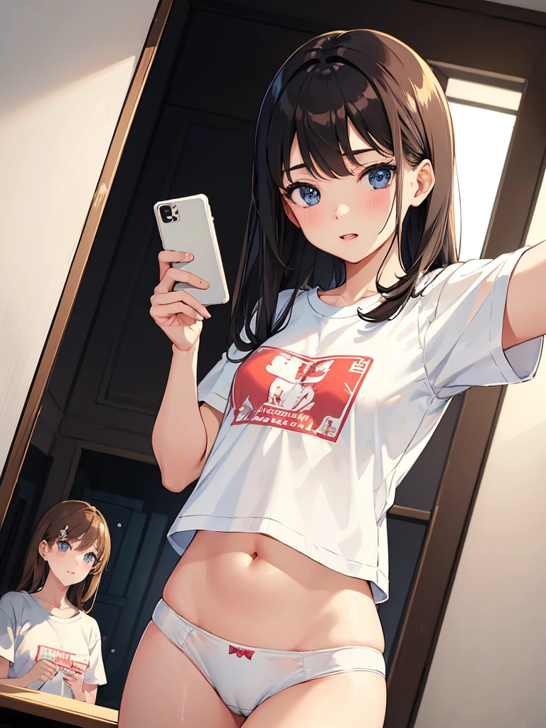 (masterpiece, high quality), several girls, , 14 year old schoolgirls, slim, flat chest, Gym locker room, (white panties), White T-shirt, (Group selfie), wide angle, soft light, cameltoe, lifts his T-shirt