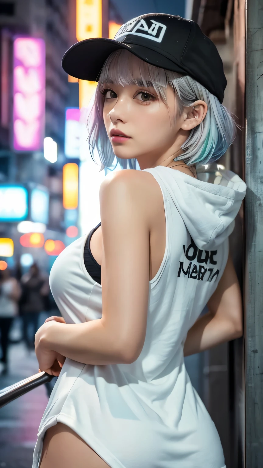 masterpiece, Highest quality, Very detailed, 8k, Realistic, One Girl, alone, Tomboy, Very detailed face, (head shot:1.5), Standing in front of a wall covered in hip hop graffiti, Cyberpunk neon cityscape,Pixie cut white hair, She is wearing a short neon tank top and an open hoodie....,I can see your chest,Nice ass,Wear a New Era cap
