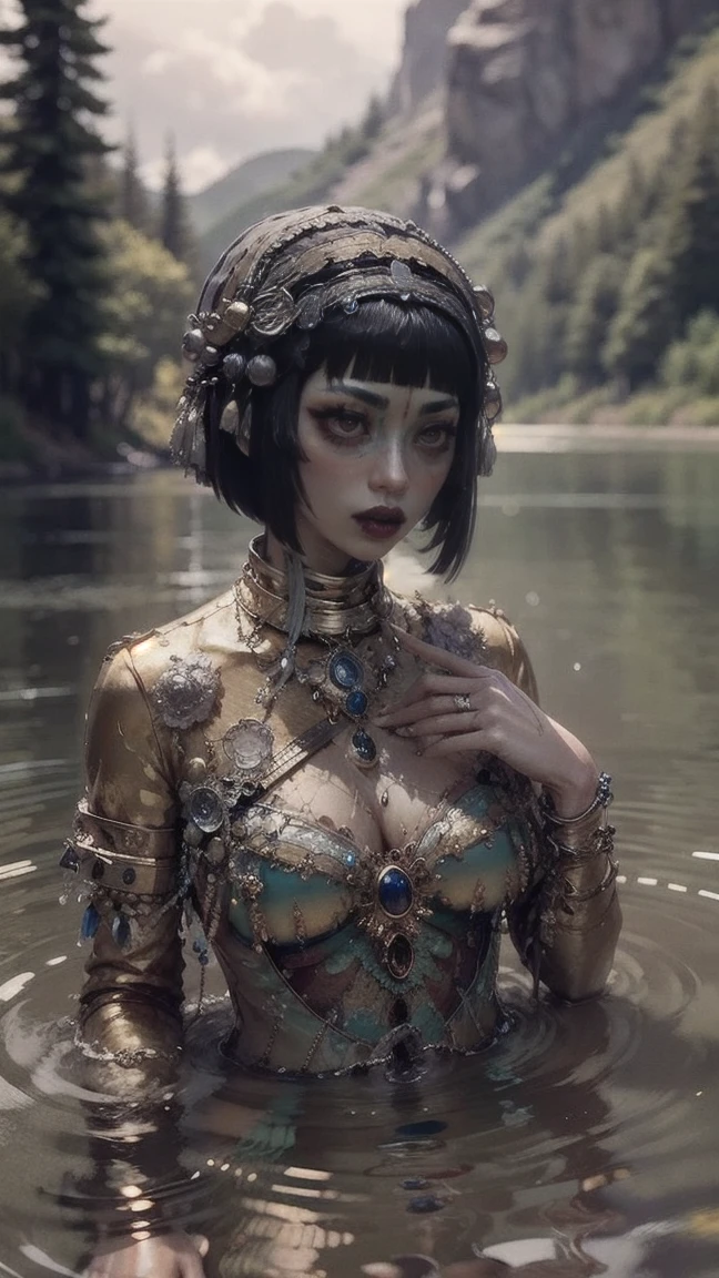 j1b4r0, cheese, woman, Studded with jewels, immersed in the lake, body reflected in water, lure the conquistadors, so that they drown