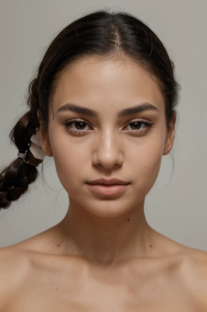 a magnificent young woman in her twenties, with Latino features. She has black hair tied completely in a ponytail. Her face has soft and balanced contours. She has large, well-defined dark brown eyes with long, thick eyelashes and well-arched black eyebrows. His nose is straight and slightly refined, proportionate to his face. Her lips are full and defined, with a natural color, and they are closed, contributing to her neutral expression. Her skin is matte, smooth and without visible imperfections. She is wearing a black t-shirt. She is facing the camera. The portrait was taken in a photo studio, the background is entirely white