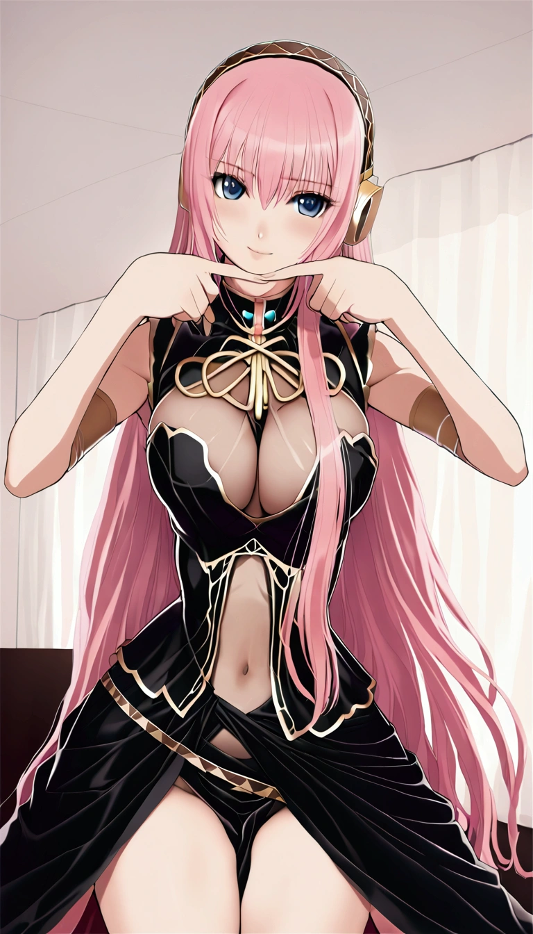 masterpiece,Beautiful adult woman ,Megurine Luka,E cup breasts,Pink long hair,blue eyes,headphone,Megurine Luka's official costume,Black costume,Gold decoration,smile,front,Making a Heart with Fingers,Bedroom,
