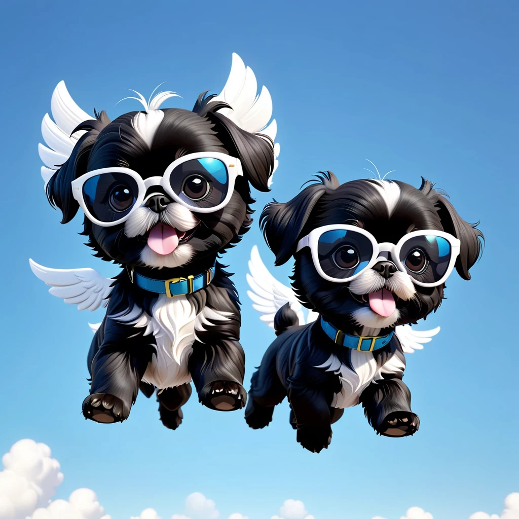 2 Adorable small black Shih Tzu puppies wearing white sunglasses flying 3d cartoon 3d render disney pixar style