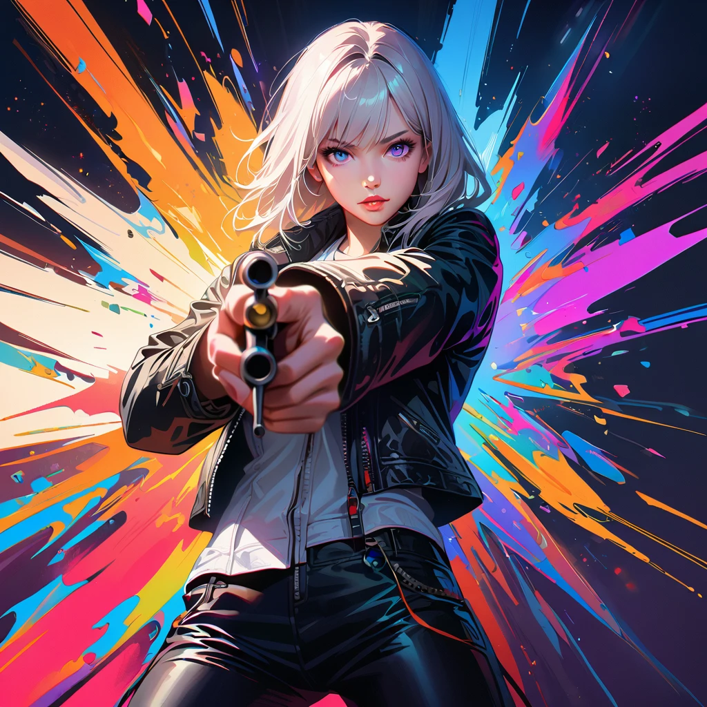 1 girl, white hair, white vest, black leather pants, black leather jacket, beautiful detailed eyes, beautiful detailed lips, extremely detailed eyes and face, long eyelashes, bright colors, professional, super detailed, actual, studio lighting, physically based rendering, holding RPA 308, aiming at viewer, colorful, vibrant, intricate, photorealistic, 8k, cinematic lighting, dramatic pose, dark moody atmosphere