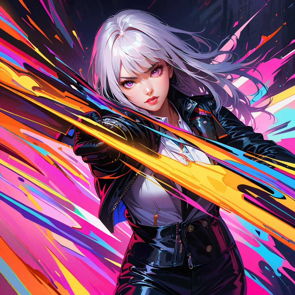 1 girl, white hair, white vest, black leather pants, black leather jacket, beautiful detailed eyes, beautiful detailed lips, extremely detailed eyes and face, long eyelashes, bright colors, professional, super detailed, actual, studio lighting, physically based rendering, holding RPA 308, aiming at viewer, colorful, vibrant, intricate, photorealistic, 8k, cinematic lighting, dramatic pose, dark moody atmosphere