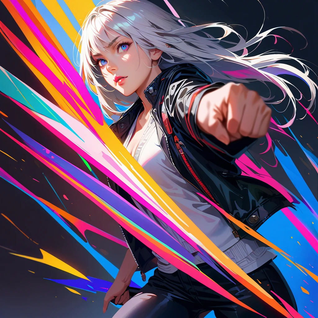 1 girl, white hair, white vest, black leather pants, black leather jacket, beautiful detailed eyes, beautiful detailed lips, extremely detailed eyes and face, long eyelashes, bright colors, professional, super detailed, actual, studio lighting, physically based rendering, holding RPA 308, aiming at viewer, colorful, vibrant, intricate, photorealistic, 8k, cinematic lighting, dramatic pose, dark moody atmosphere