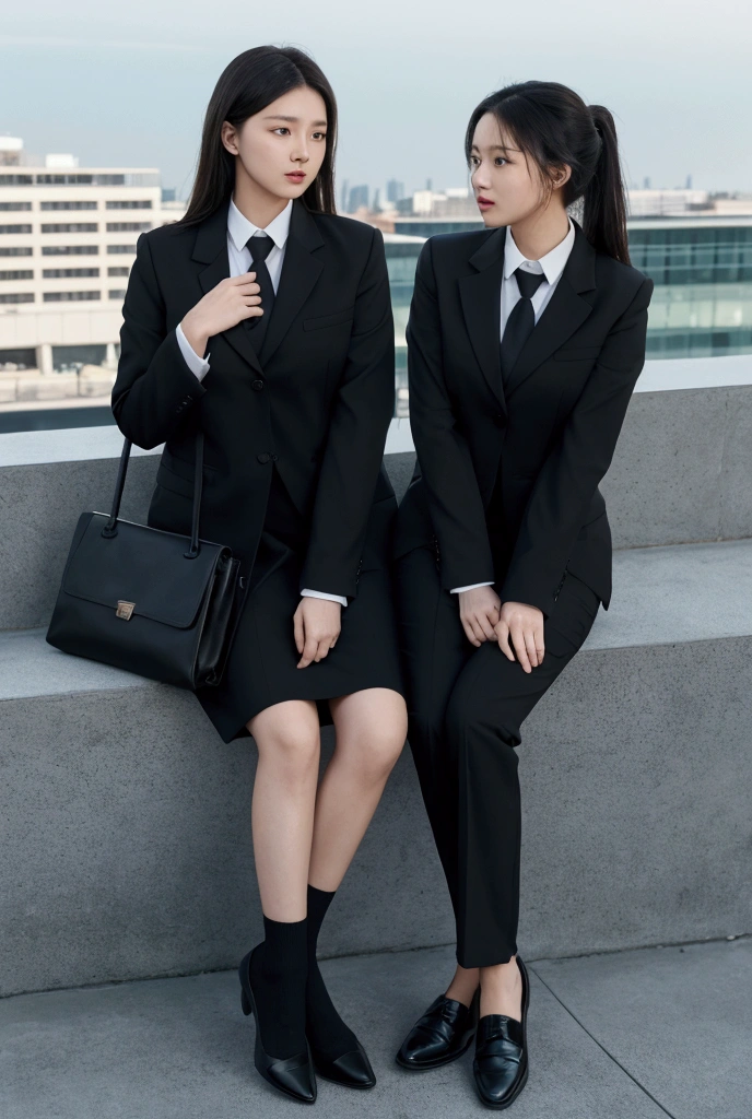 there are two people standing next to each other in a city, office clothes, work clothes, business clothes, uniform plain sky, working clothes, plain uniform sky, black main color, official product image, wearing causal black shirt, jk uniform, wearing a shirt with a tie, wearing a black noble shirt, formal business shirt, magic uniform university, stylish, uniform, no text, no logo