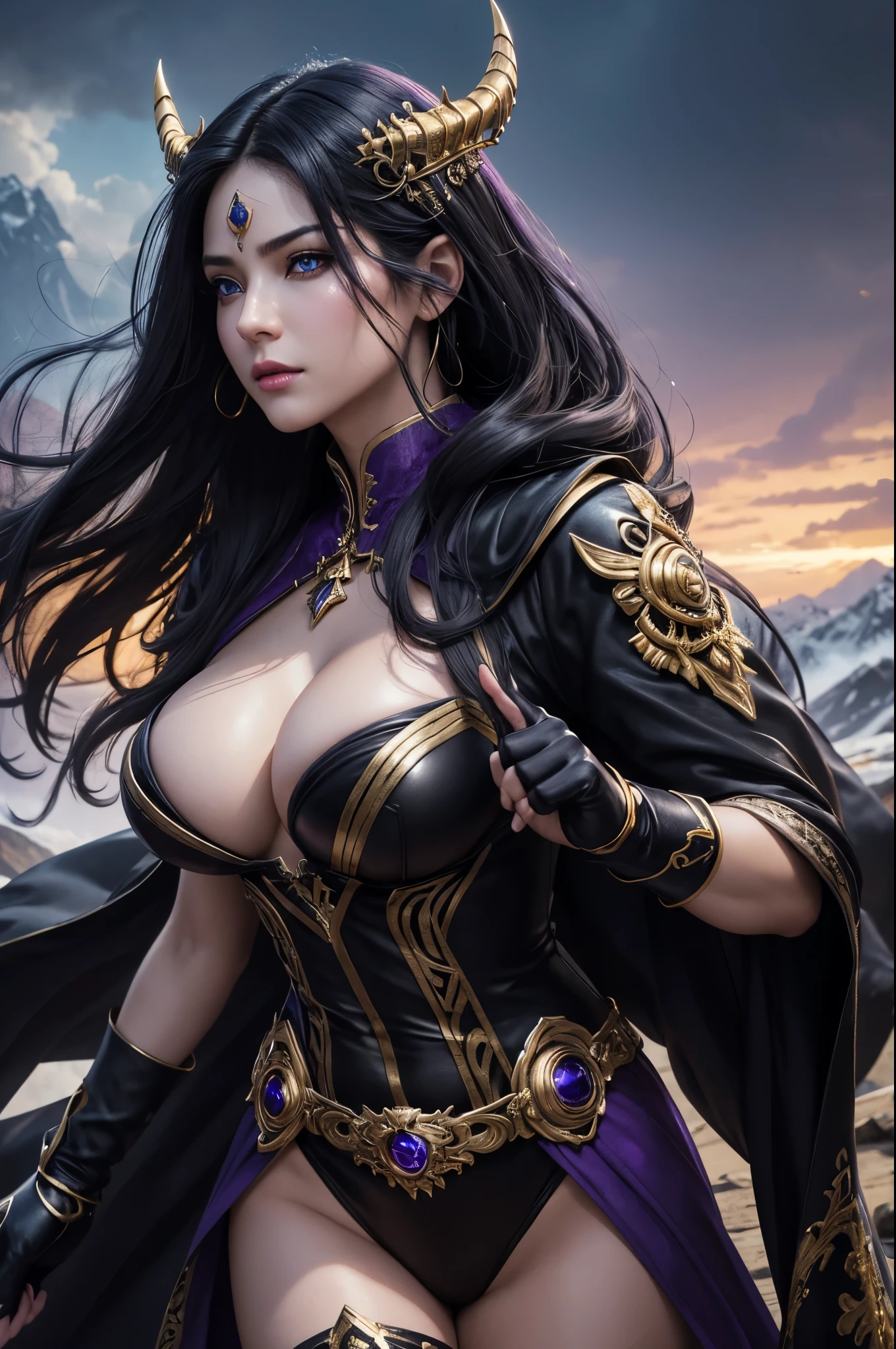 8k,Photorealistic　RAW Photos　Highest quality;1.4) 　(1 adult female)　Super Beauty　(A vivid face),Look at your face　long blue-black hair　The phantom empress with glowing purple eyes　Black and silver aristocratic big breast look　Luxurious black robe,　Golden decoration　Glare　Big black and gold walking stick,　Wearing black leather gloves　Remains　Gwaitz Style　purple rouge　Realistic　Exact details,Beautiful expression　Details of each part　Ultra-high resolution　超Realistic　Charm　Instep　Realistic Skin　Fantasy Queen　An inviting gaze　Emphasize cleavage,,Compensate,masterpiece,Highest qualityのPhotorealisticなRAW Photos。Bright colors,Rich colors, Backlight, Cinema Lighting, Film Grain, 50mm lens, Nikon D850,Detailed character art,Fantasy art,Ultra-high resolution,Ultra-Realistic Skin,Perfect hand shape,Muscular Beauty,Dynamic fighting pose,In the mountains,Devil's Makeup,A big magic circle behind(Purple effect),