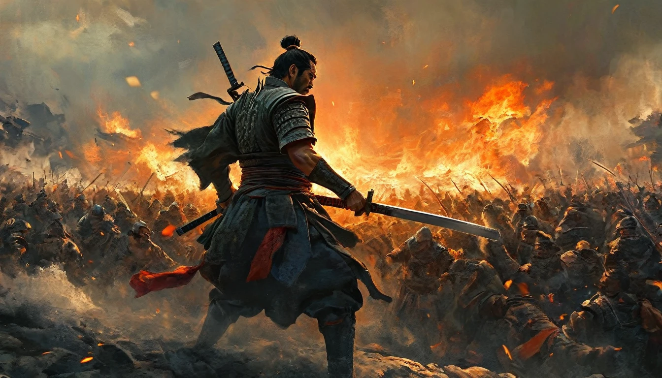 A samurai standing showing his back holding sword in his hand and the background is full of Chaos and war and people fighting, the atmosphere is tensed cinematic and give the tone orange