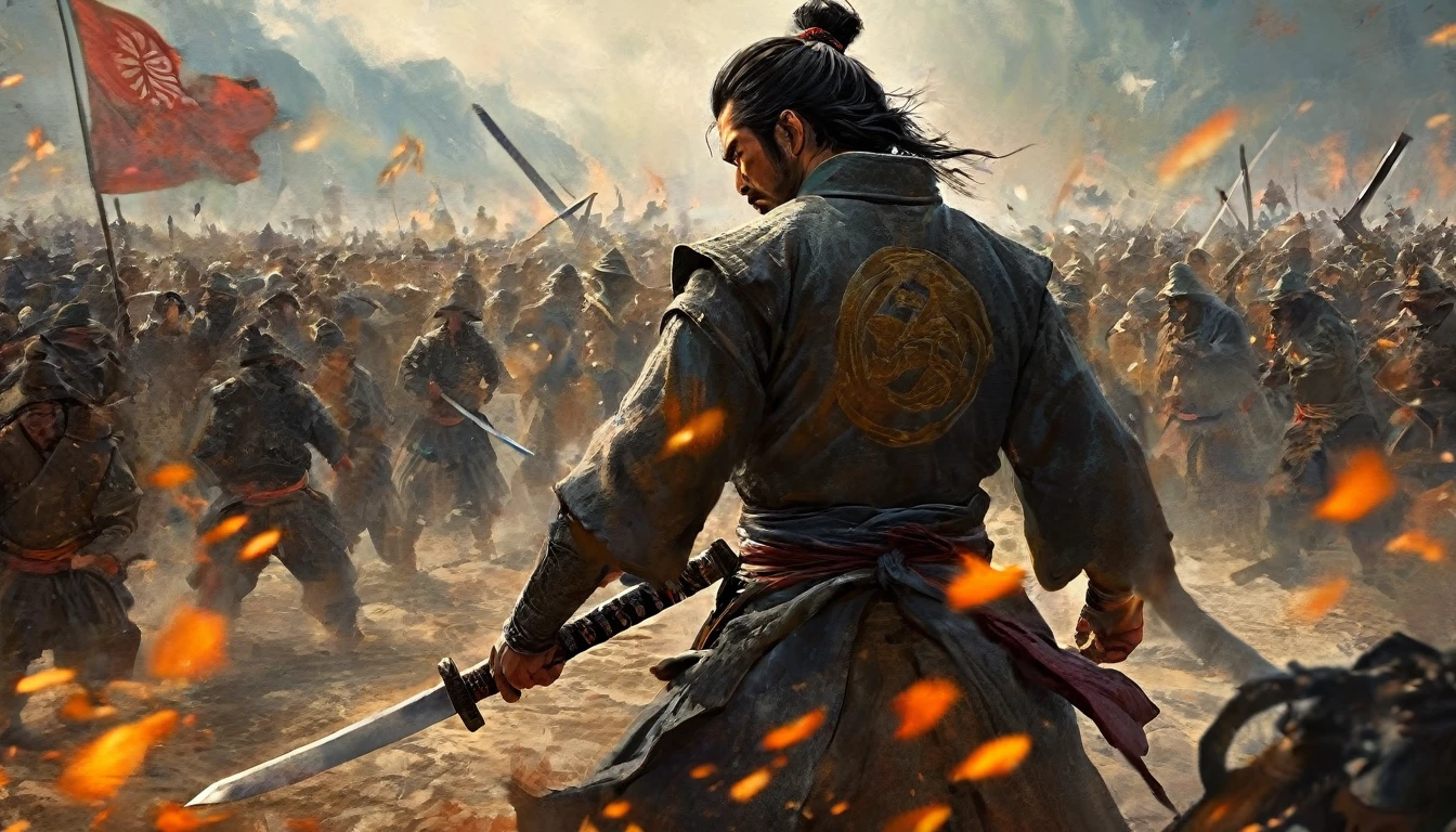 A samurai standing showing his back holding sword in his hand and the background is full of Chaos and war and people fighting, the atmosphere is tensed cinematic and give the tone orange