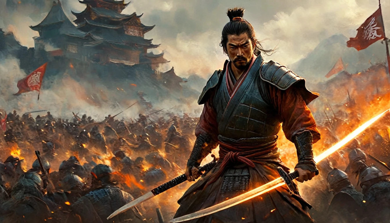A samurai standing showing his back holding sword in his hand and the background is full of Chaos and war and people fighting, the atmosphere is tensed cinematic and give the tone orange