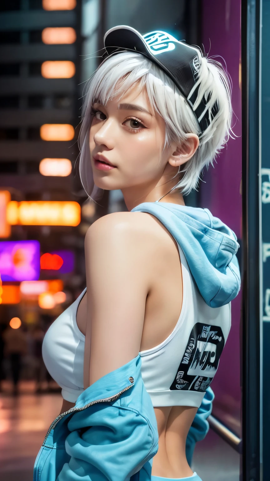 masterpiece, Highest quality, Very detailed, 8k, Realistic, One Girl, alone, Tomboy, Very detailed face, (head shot:1.5), Standing in front of a wall covered in hip hop graffiti, Cyberpunk neon cityscape,Pixie cut white hair, She is wearing a short neon tank top and an open hoodie....,I can see your chest,Nice ass,Wear a New Era cap