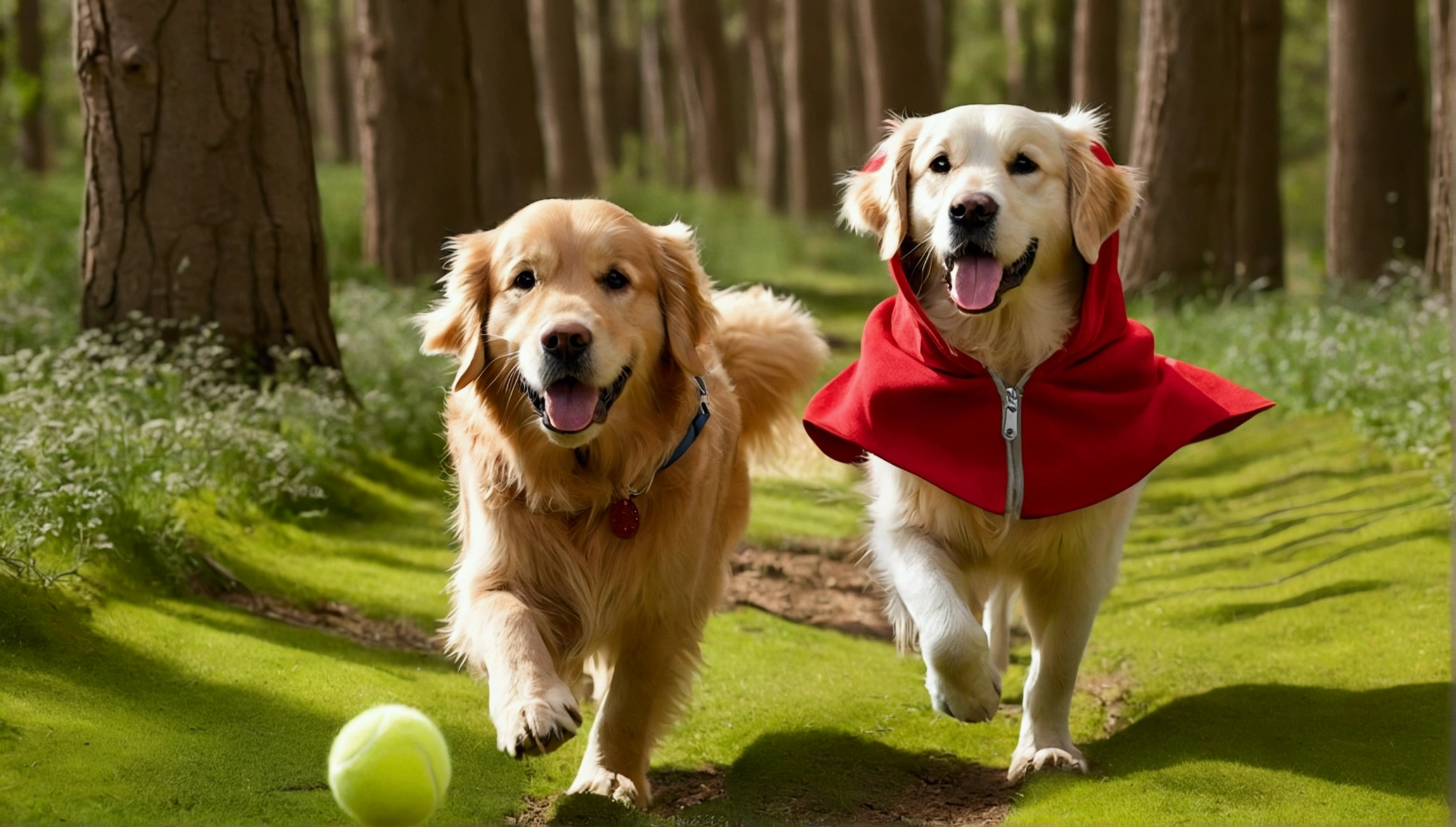 Golden Retriever on an adventure with his friendly owl searching for tennis balls, design, Picture books, wearing a red riding hood 