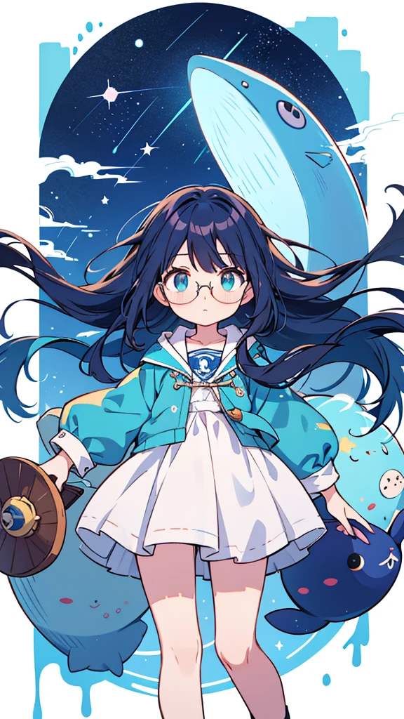 Blue-haired long hair,Design clothing,Seven-doppelganger shot,Anime style 4K,Anime girl with teal hair,High quality anime art style,Standing painting,Splash ink background,Blue Themes、Pure white background,Buildings,Face close-up,Buildings,Moon and sun、giant whale,Shining Star々,milky way,Bright Sky,Looking at me,Facing forward,Clear eyes and nose,cute,beautiful,Thin legs,Medium-long brown hair,Glasses,playing a UFO catcher,Brown Hair