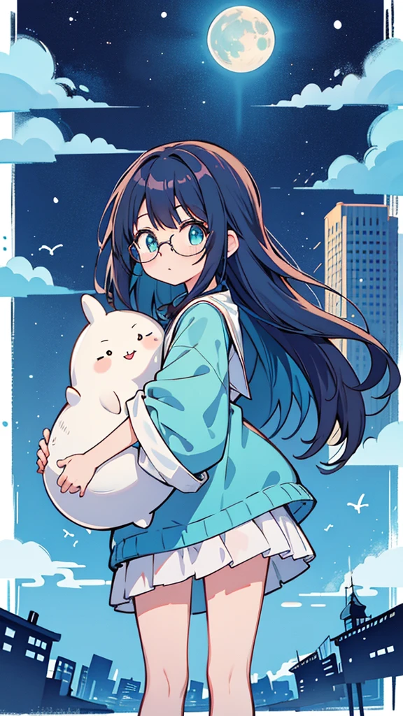Blue-haired long hair,Design clothing,Seven-doppelganger shot,Anime style 4K,Anime girl with teal hair,High quality anime art style,Standing painting,Splash ink background,Blue Themes、Pure white background,Buildings,Face close-up,Buildings,Moon and sun、giant whale,Shining Star々,milky way,Bright Sky,Looking at me,Facing forward,Clear eyes and nose,cute,beautiful,Thin legs,Medium-long brown hair,Glasses,playing a UFO catcher,Brown Hair