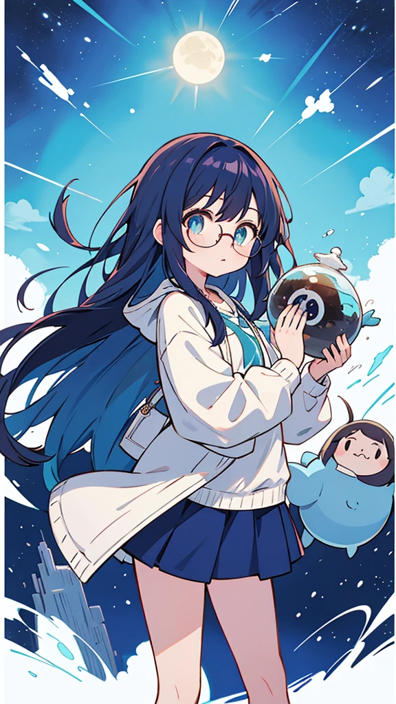 Blue-haired long hair,Design clothing,Seven-doppelganger shot,Anime style 4K,Anime girl with teal hair,High quality anime art style,Standing painting,Splash ink background,Blue Themes、Pure white background,Buildings,Face close-up,Buildings,Moon and sun、giant whale,Shining Star々,milky way,Bright Sky,Looking at me,Facing forward,Clear eyes and nose,cute,beautiful,Thin legs,Medium-long brown hair,Glasses,playing a UFO catcher,Brown Hair