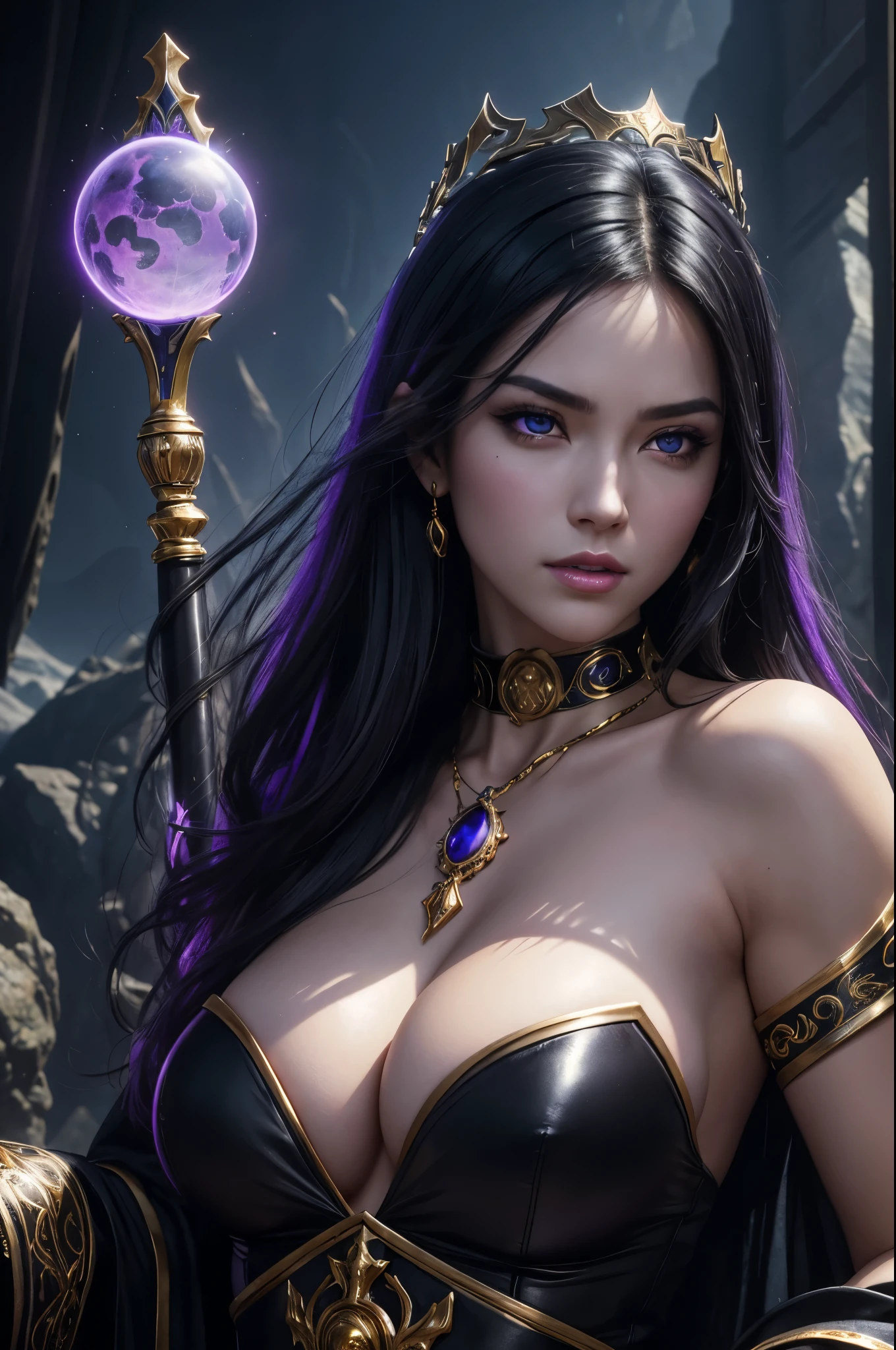 8k,Photorealistic　RAW Photos　Highest quality;1.4) 　(1 adult female)　Super Beauty　(A vivid face),Look at your face　long blue-black hair　The phantom empress with glowing purple eyes　Black and silver aristocratic big breast look　Luxurious black robe,　Golden decoration　Glare　Big black and gold walking stick,　Wearing black leather gloves　Remains　Gwaitz Style　purple rouge　Realistic　Exact details,Beautiful expression　Details of each part　Ultra-high resolution　超Realistic　Charm　Instep　Realistic Skin　Fantasy Queen　An inviting gaze　Emphasize cleavage,,Compensate,masterpiece,Highest qualityのPhotorealisticなRAW Photos。Bright colors,Rich colors, Backlight, Cinema Lighting, Film Grain, 50mm lens, Nikon D850,Detailed character art,Fantasy art,Ultra-high resolution,Ultra-Realistic Skin,Perfect hand shape,Muscular Beauty,Dynamic fighting pose,In the mountains,Devil's Makeup,A big magic circle behind(Purple effect),