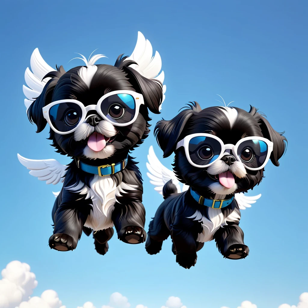 2 Adorable small black Shih Tzu puppies wearing white sunglasses flying 3d cartoon 3d render disney pixar style