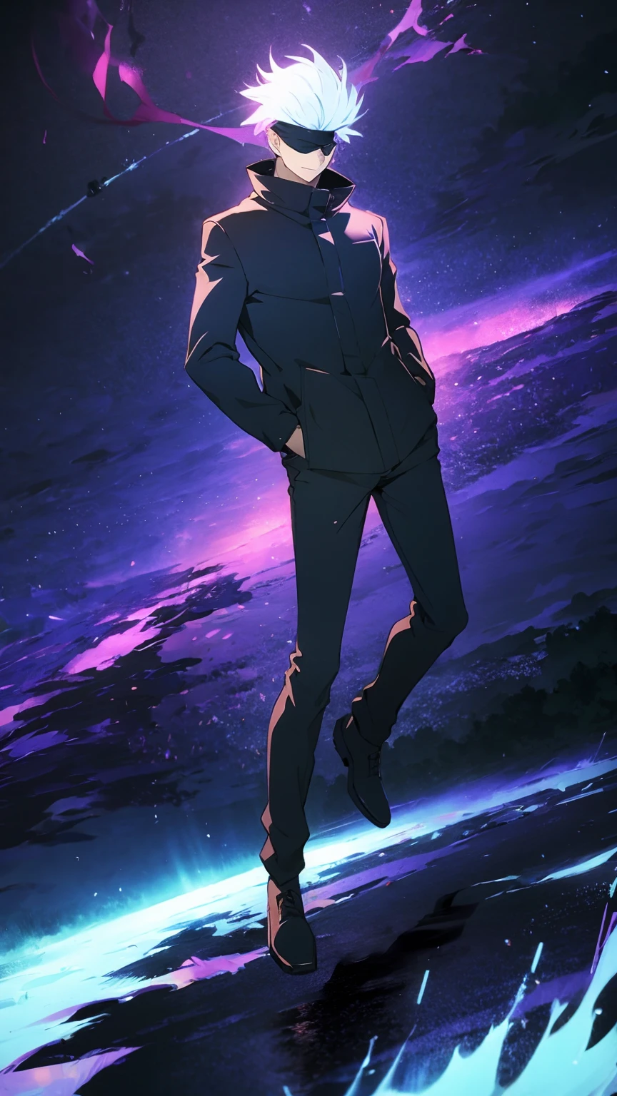 Gojo Satoru, white hair, black blindfold, black gakuran, hands in pockets, black footwear, (full body), (masterpiece, best quality:1.2), (floating pose:1.2), purple sky cloudy, an explosion of glowing neon colored pink and blue digital data particles swirling at high speed of background, super fast particle