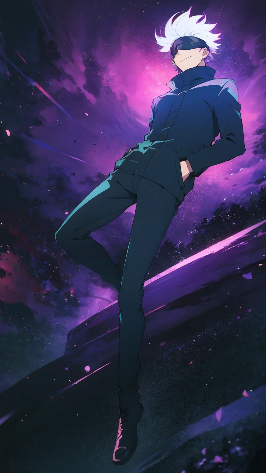 Gojo Satoru, white hair, black blindfold, black gakuran, hands in pockets, black footwear, (full body), (masterpiece, best quality:1.2), (floating pose:1.2), purple sky cloudy, an explosion of glowing neon colored pink and blue digital data particles swirling at high speed of background, super fast particle