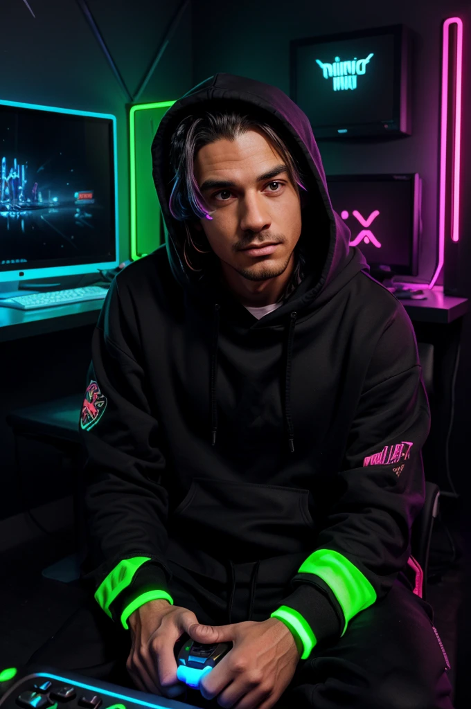 A person wearing a black hoodie, sits at a gaming setup. The background features a wall covered with a "RGB" light, with a neon sign that reads "MR Professor." The desk is cluttered with gaming peripherals and a few decorative items. The atmosphere is dimly lit, emphasizing the glow of the neon sign