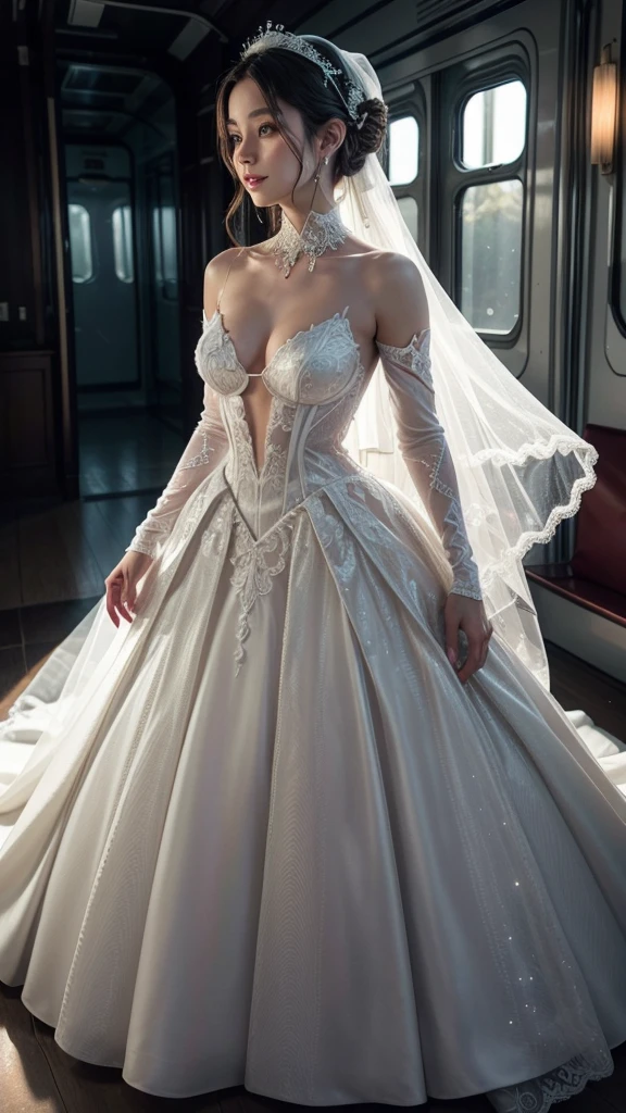 A different model of a futuristic wedding dress combines innovative technology with timeless elegance. This dress features a semi-transparent bodice made from a high-tech, flexible material that molds perfectly to the body. The bodice is embedded with micro-circuitry that subtly glows, creating intricate, lace-like patterns that shimmer with every movement.

The neckline is a dramatic high collar that gracefully wraps around the neck, descending into a plunging V-cut that adds a touch of boldness. The collar and V-cut are lined with fine, luminescent threads that pulse gently, adding a soft, ambient light that highlights the bride's features.

The sleeves are long and fitted, extending to the wrists and ending in delicate, laser-cut cuffs that match the bodice's glowing patterns. The fabric of the sleeves transitions from opaque at the shoulders to semi-transparent at the wrists, creating an ethereal, gradient effect.

The skirt of the dress is a full, voluminous A-line that begins at the waist and flows down to the floor. Made from layers of a lightweight, iridescent fabric, the skirt catches the light in a way that creates a constantly shifting array of colors, ranging from soft pastels to vibrant neons. This fabric has a subtle, reflective quality, making it seem as though the bride is enveloped in a soft, glowing aura.

One of the standout features of this dress is the train. Instead of a traditional fabric train, this dress boasts a holographic projection train that can display a variety of customizable, animated patterns and colors. This allows the bride to personalize her look with moving images of galaxies, cascading waterfalls, or abstract designs, adding a dynamic, modern touch to the gown.

For accessories, the bride wears a pair of sleek, minimalist silver earrings and a matching bracelet that mirrors the glowing patterns on the dress. Her hair is styled in a simple, elegant updo, adorned with a headpiece that features tiny, programmable LED lights, form