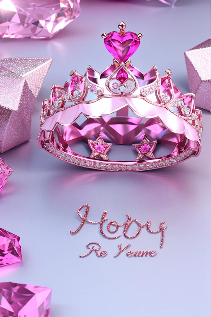 Prompt: 3D, colorful splash of pink and white, with the metallic text 'text/name "Your Name" written in diamonds. Include rubies and diamonds, have a crown on the letter L