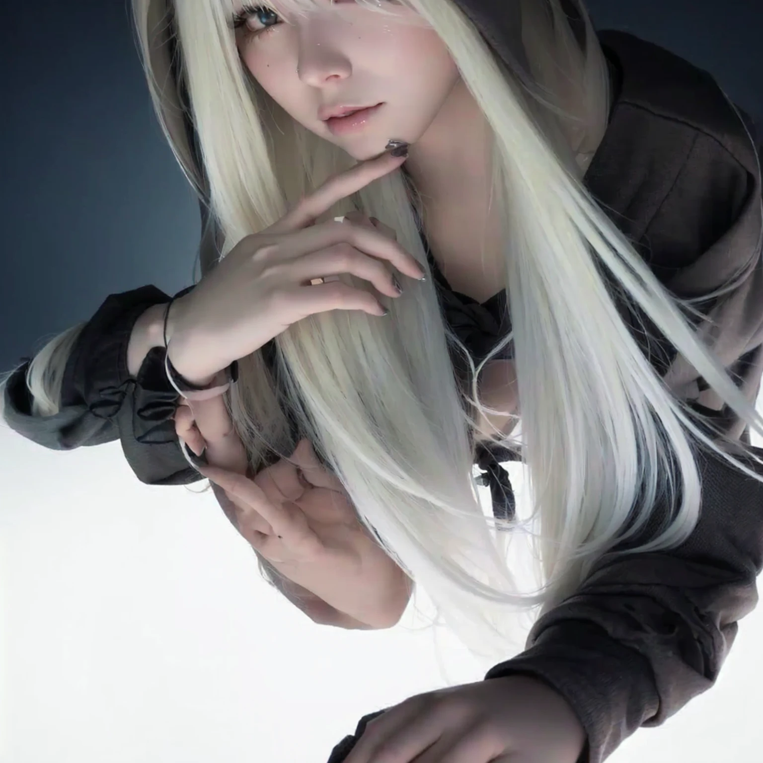 blond haired woman with long white hair and hoodie posing for a picture, with white long hair, with long white hair, with long blond hair, cyberpunk anime girl in hoodie, perfect white haired girl, kerli koiv as anime girl, girl with white hair, anime girl in real life, with very long blonde hair, anime girl cosplay, tifa lockhart with white hair