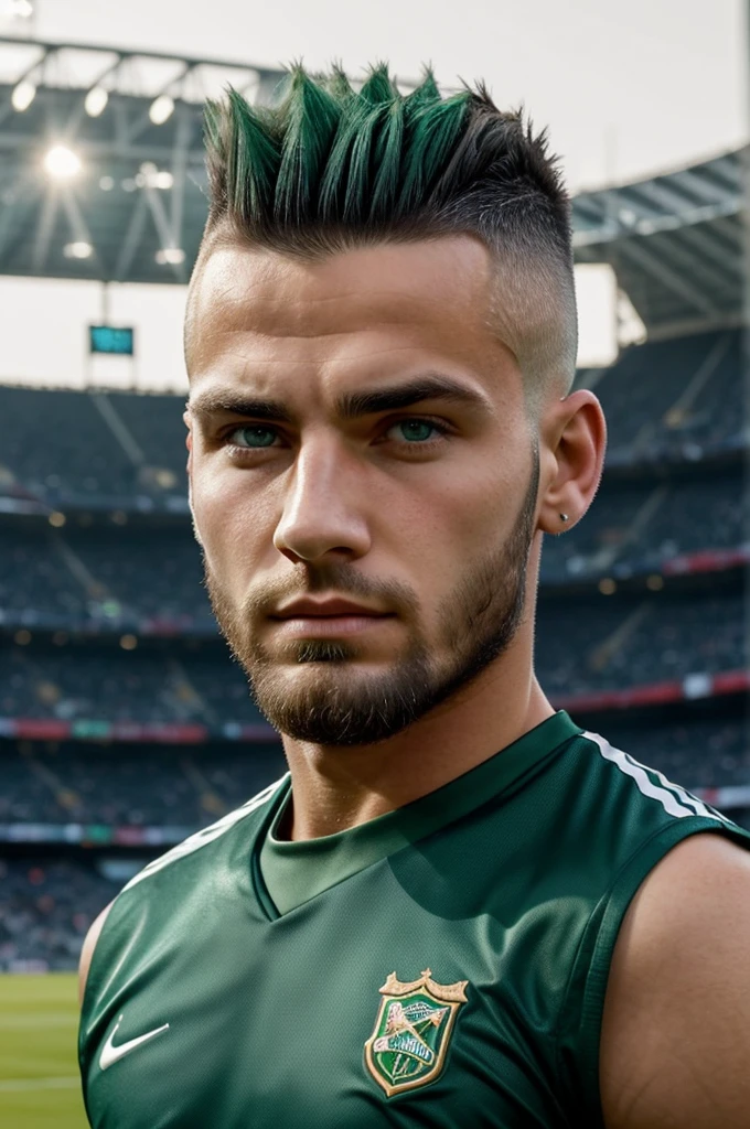 The face of a 25 year old young man, Handsome, well defined beard, emerald green eyes, com mohawk haircut, raising an eyebrow like Ancelotti in a very marked way, with a football stadium in the background 