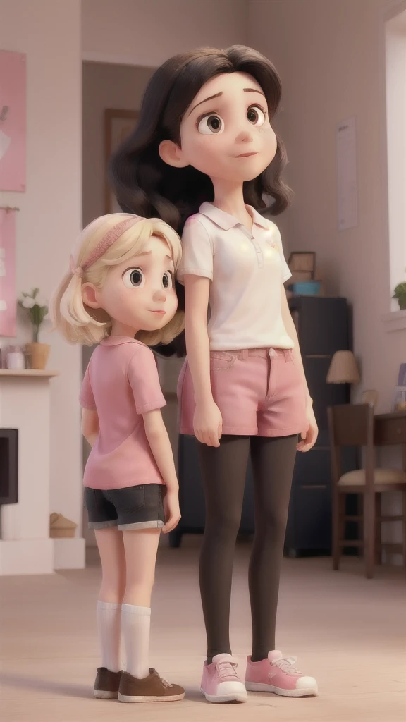 2 girls talking, English, , arms back, 3/4 shot, long black hair, white clothes, English, 10 anos de idade, pink clothes, blond short hair, realisitic, best qualityer, instagramart