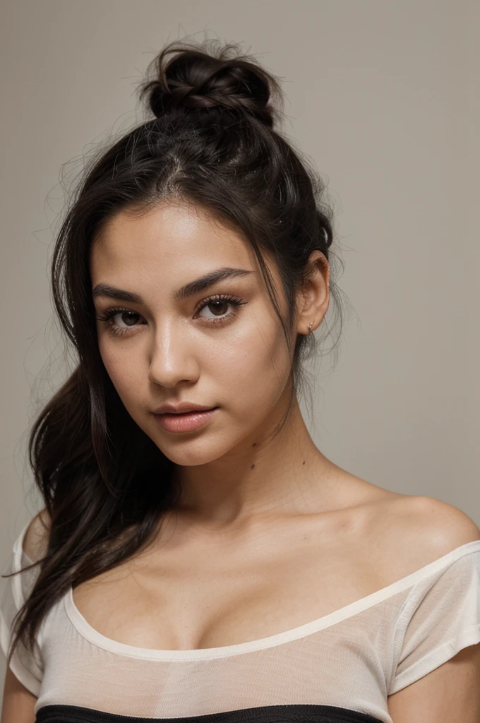 a magnificent young woman in her twenties, with Latino features. She has long black hair tied in a bun. Her face has soft and balanced contours. She has large, well-defined dark brown eyes with long, thick eyelashes and well-arched black eyebrows. His nose is straight and slightly refined, proportionate to his face. Her lips are full and defined, with a natural color, and they are closed, contributing to her neutral expression. Her skin is matte, smooth and without visible imperfections. She is wearing a black t-shirt. She is facing the camera. The portrait was taken in a photo studio, the background is entirely white