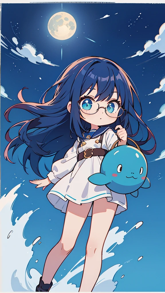 Blue-haired long hair,Design clothing,Seven-doppelganger shot,Anime style 4K,Anime girl with teal hair,High quality anime art style,Standing painting,Splash ink background,Blue Themes、Pure white background,Buildings,Face close-up,Buildings,Moon and sun、giant whale,Shining Star々,milky way,Bright Sky,Looking at me,Facing forward,Clear eyes and nose,cute,beautiful,Thin legs,Medium-long brown hair,Glasses,playing a UFO catcher,Brown Hair